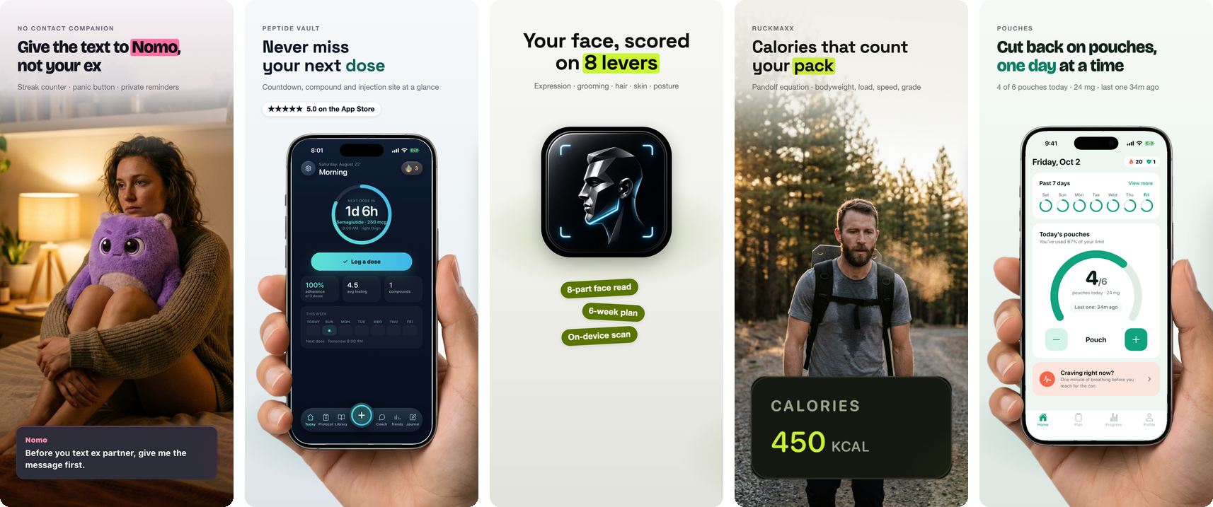 Five App Store opening slides Agent C designed from raw screenshots — a lifestyle photo, a hand-held phone, a big app icon