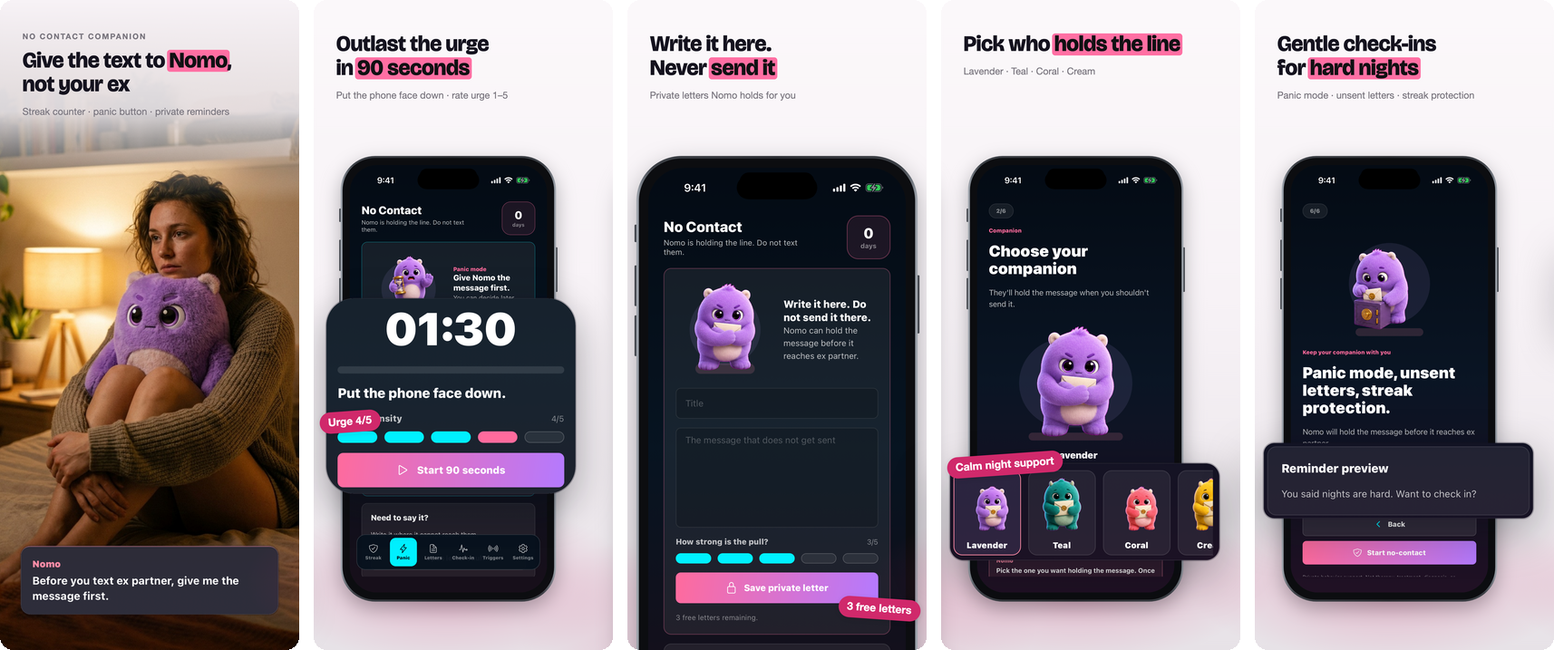 A five-slide App Store set Agent C designed for a no-contact app: lifestyle opener, claim headlines, magnified UI close-ups