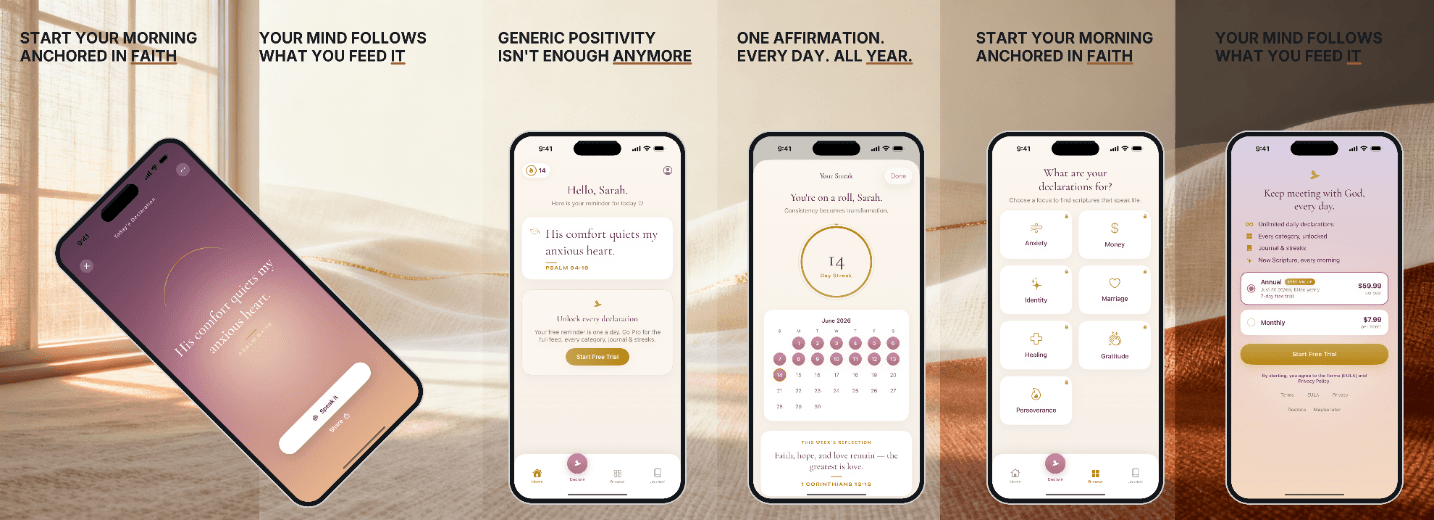 A six-slide App Store screenshot set built by Agent C for a faith and affirmations app