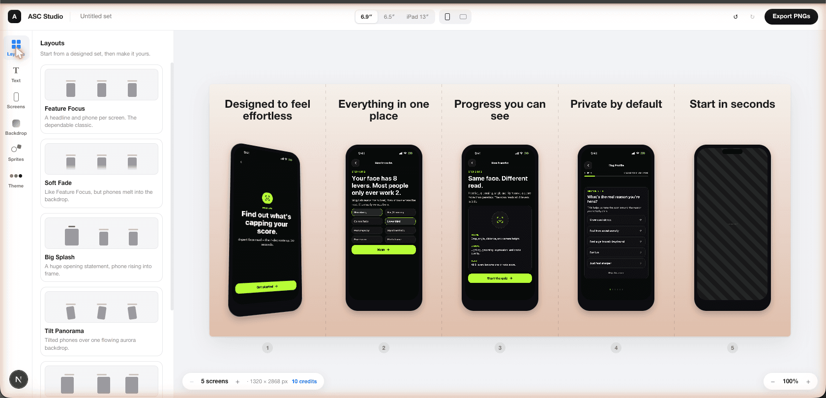 The Agent C studio — a five-screen App Store set on the canvas, hero phone tilted in 3D, layouts drawer open