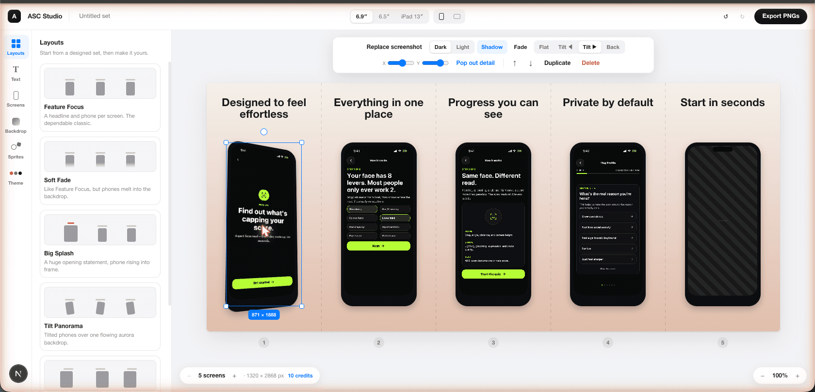 A phone selected on the canvas with the design toolbar open — 3D tilt presets, shadow, fade, and pop-out detail controls